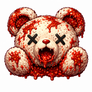 クマ子の画像（目が×印の白いぬいぐるみ）